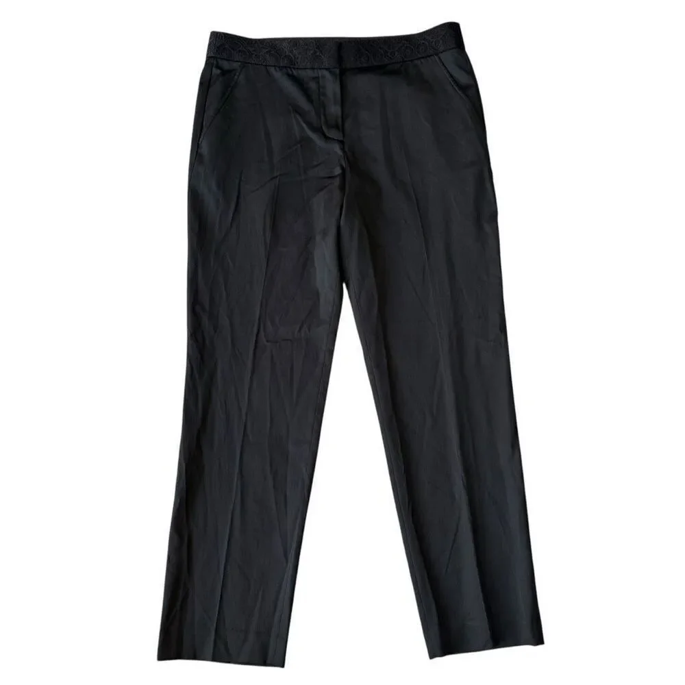 Tory Burch Geoff silk blend pants ankle black slight sheen lacy waistband 8 NWT